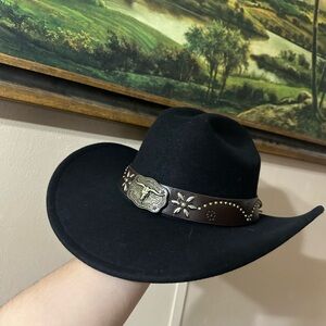Black Western Cowboy Hat with Decorative Brown Leather Band